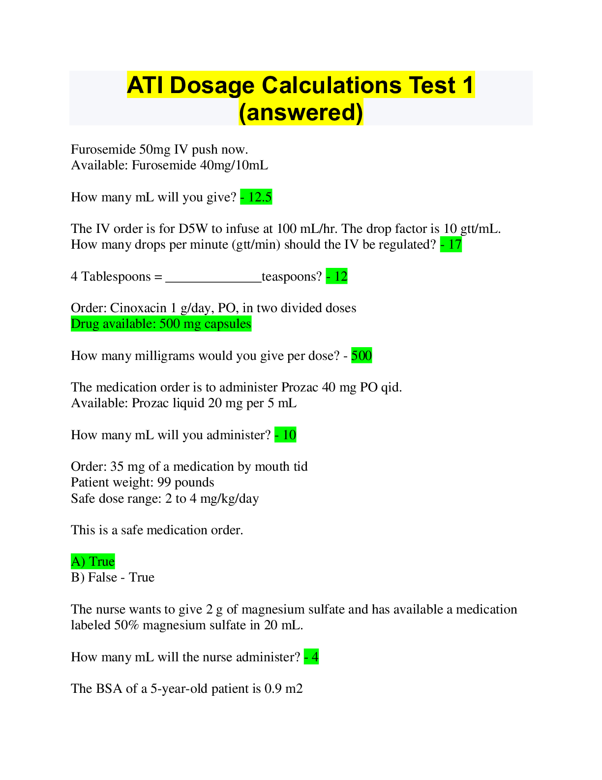 Preview image for ATI Dosage Calculations Test 1 (answered) Complete Spring 2022.